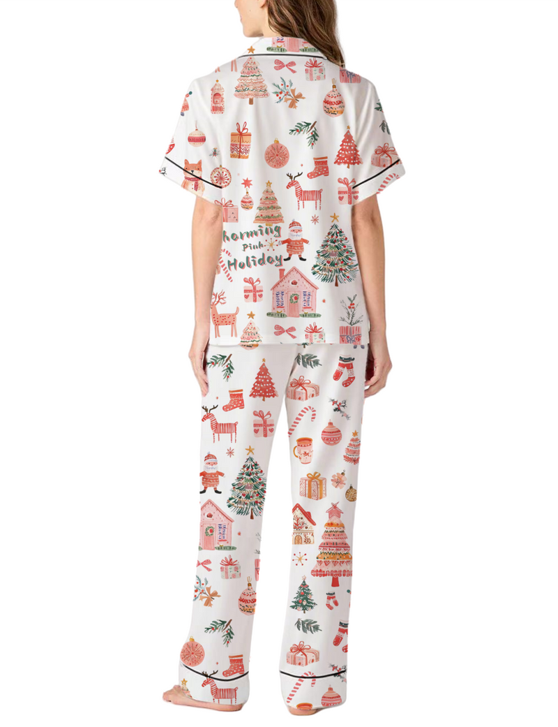 Christmas Theme Silky Satin Pajama Pants Set For Women