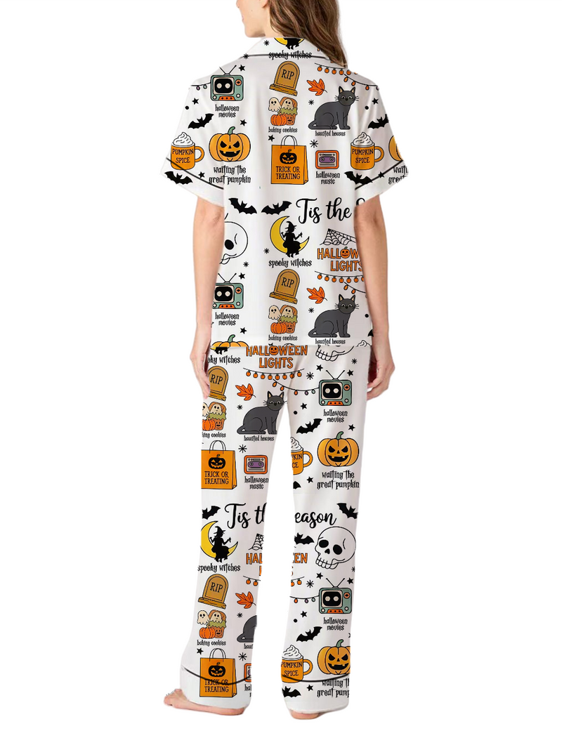 Retro Boho Halloween Ghost Silky Satin Pajama Short Set For Women