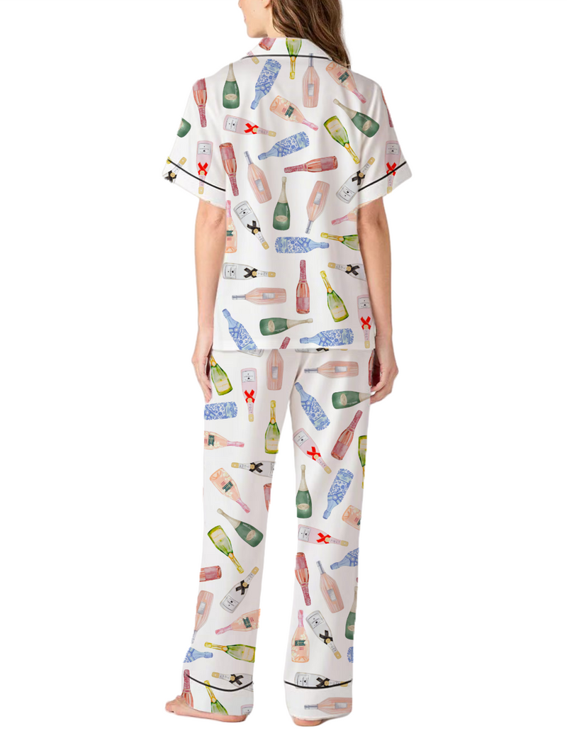 Champagne Bottles Silky Satin Pajama Pants Set For Women