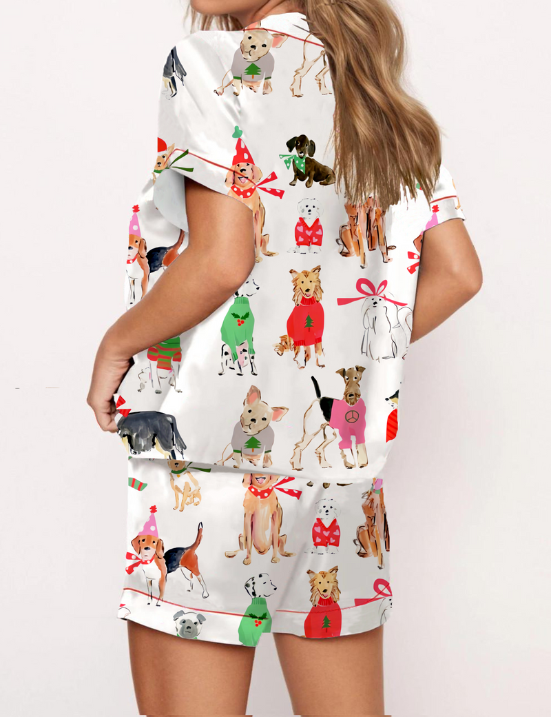 Christmas Dogs Silky Satin Pajama Short Set For Women