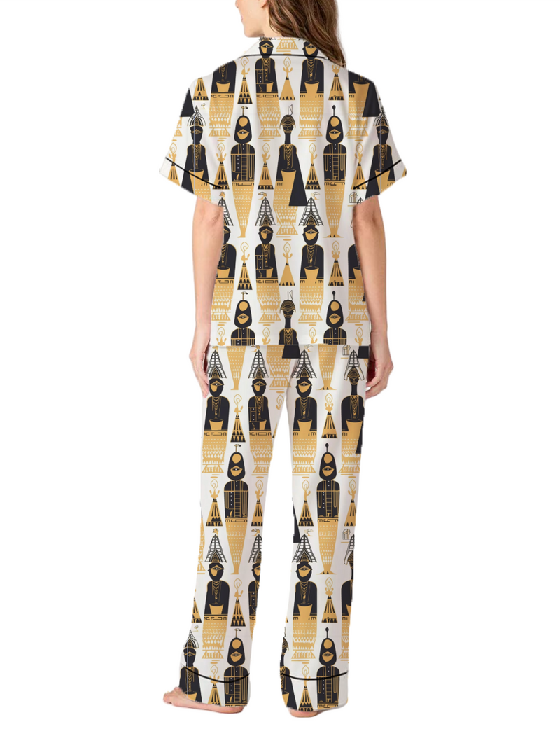 Egyptian Figures Pattern Silky Satin Pajama Pants Set For Women