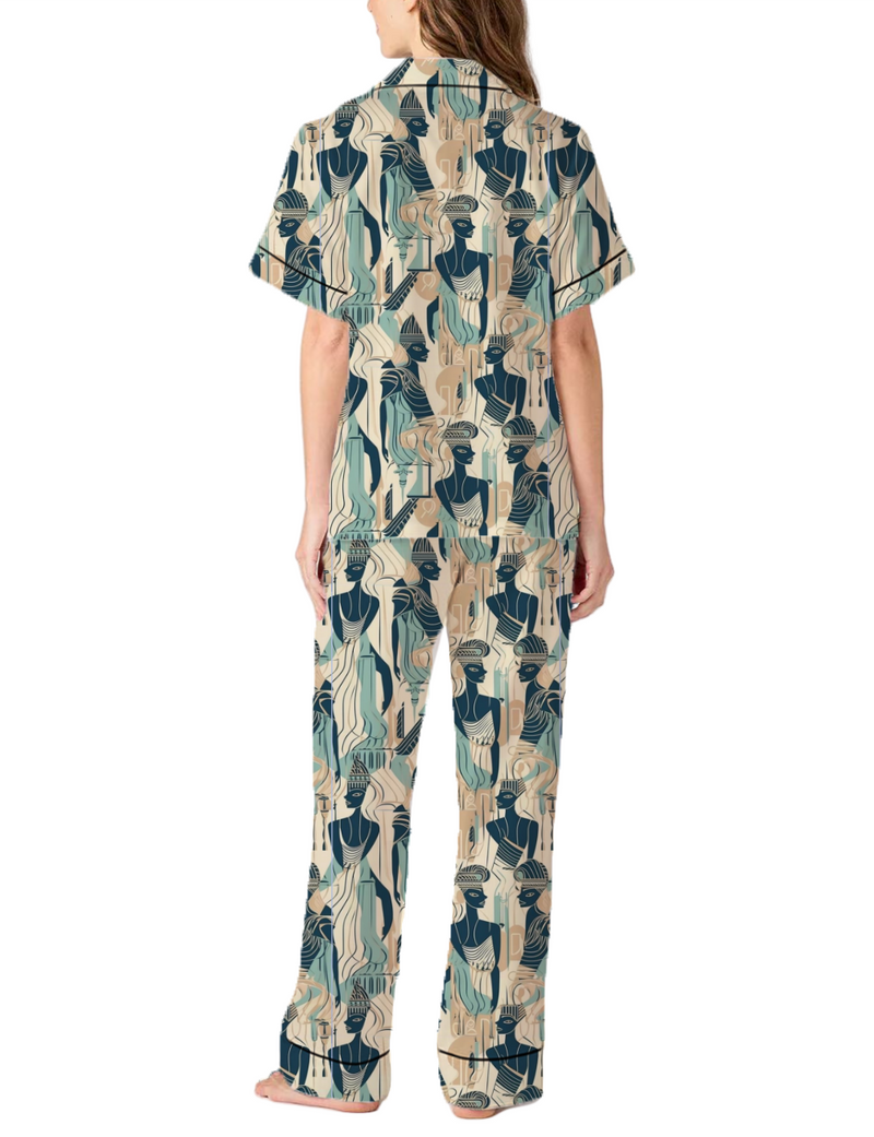 Egyptian Figures Pattern Silky Satin Pajama Pants Set For Women