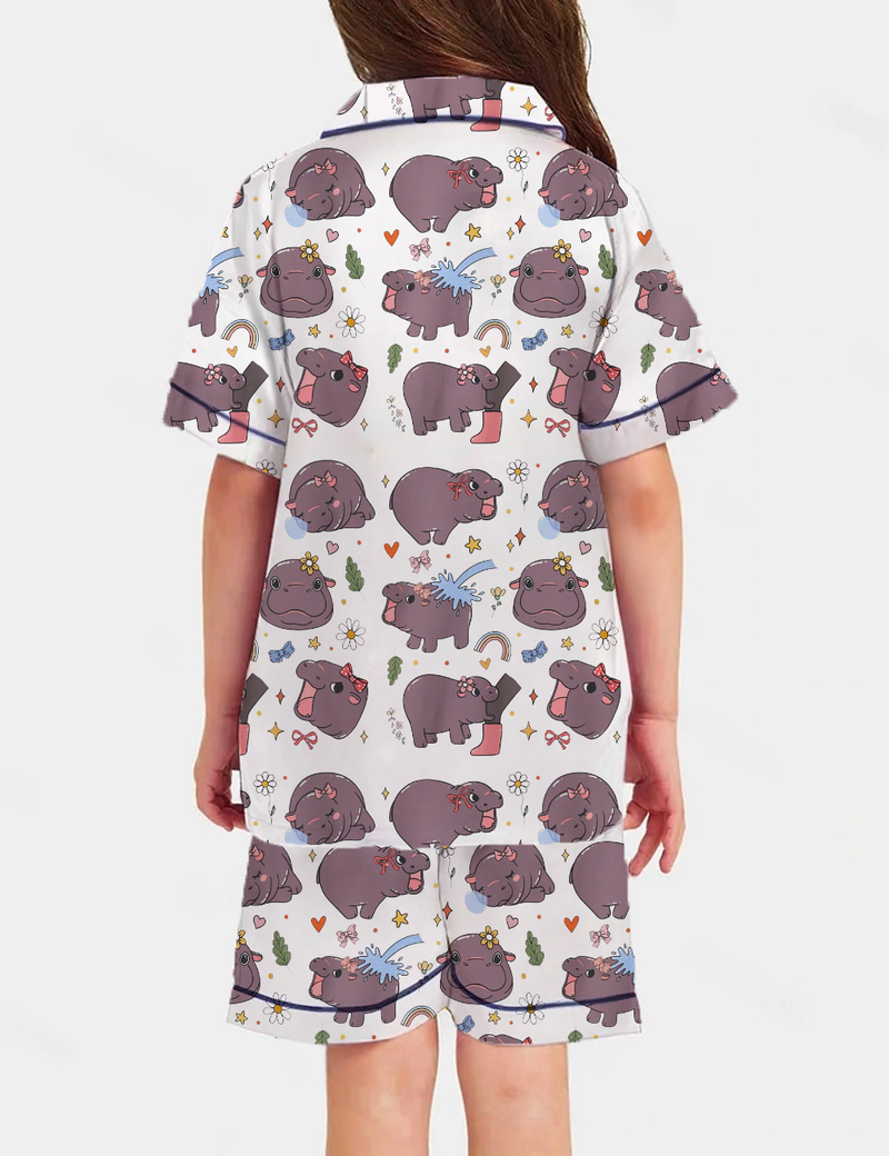 Moo Deng Baby Kid's Short Sleeve  Silky Satin Pajama Set 
