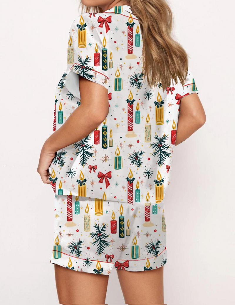 Christmas Candles Silky Satin Pajama Short Set For Women