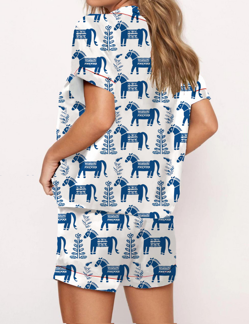 Dala Horse Silky Satin Pajama Short Set For Women
