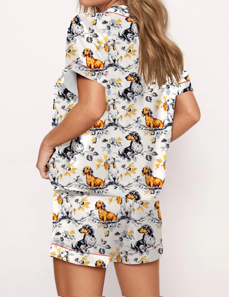 Dachshund Toile Silky Satin Pajama Short Set For Women