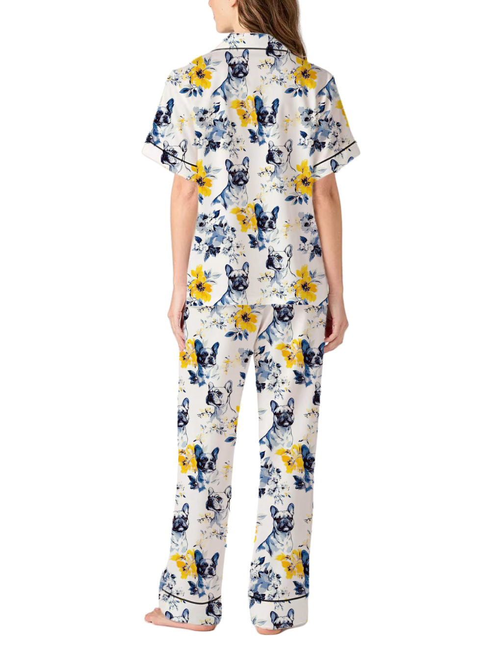 French Bulldog Toile Silky Satin Pajama Pants Set For Women