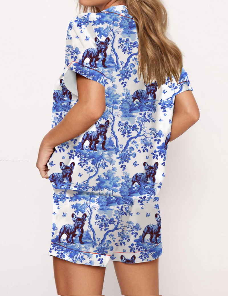 French Bulldog Toile Silky Satin Pajama Short Set For Women