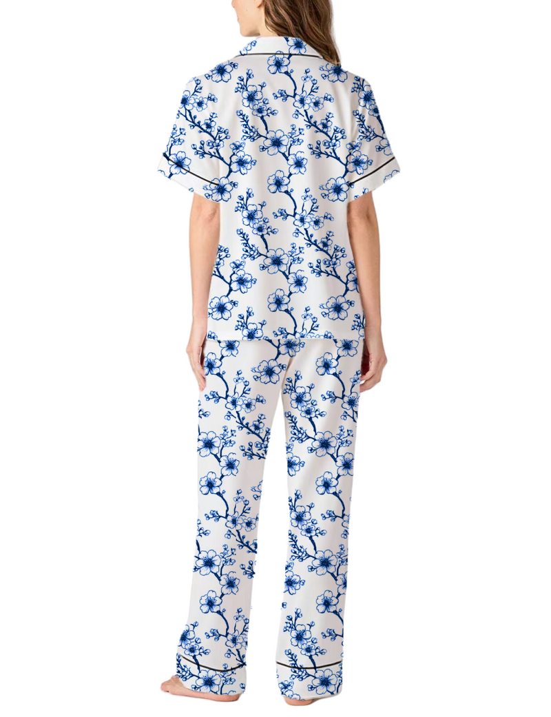 Plum Blossom Toile Silky Satin Pajama Pants Set For Women