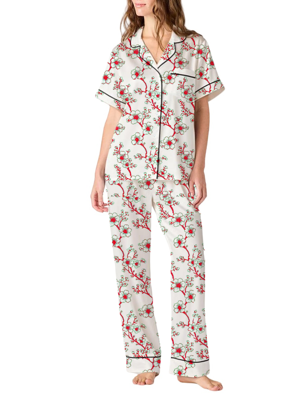 Plum Blossom Toile Silky Satin Pajama Pants Set For Women