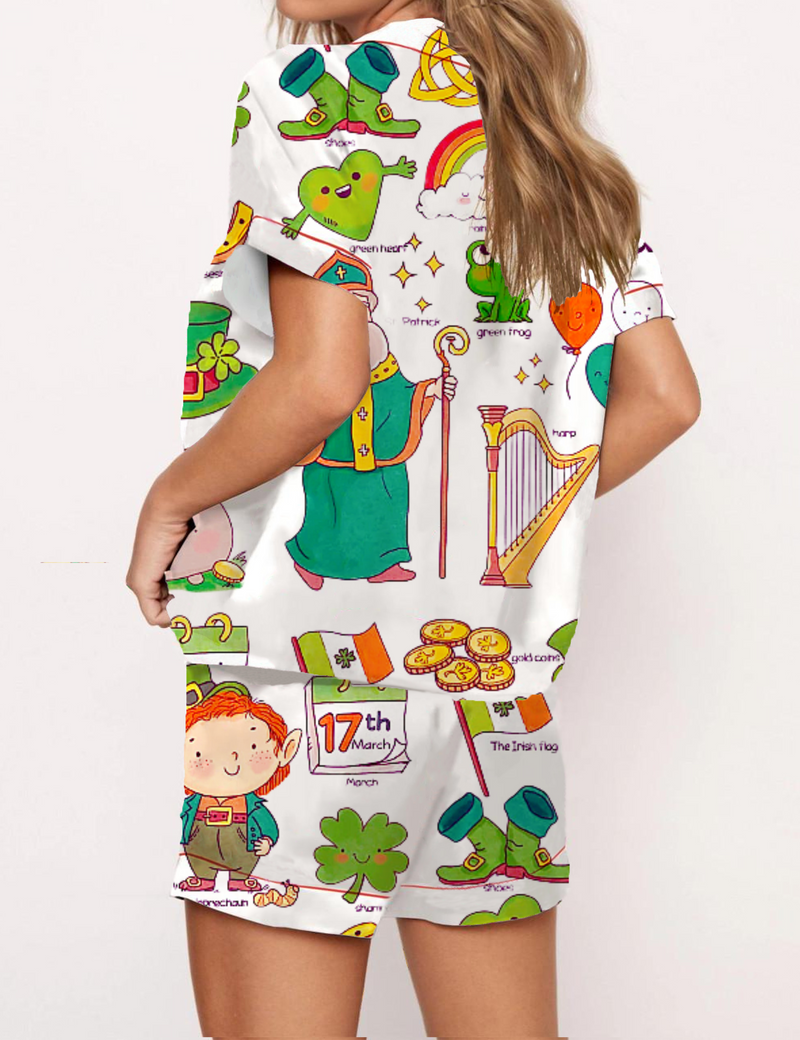 St.Patrick's Day Silky Satin Pajama Short Set For Women