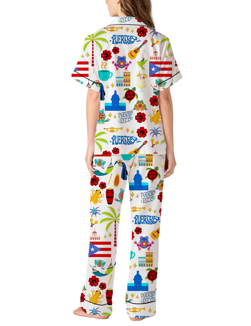 Puerto Rico Vacation Silky Satin Pajama Pants Set For Women