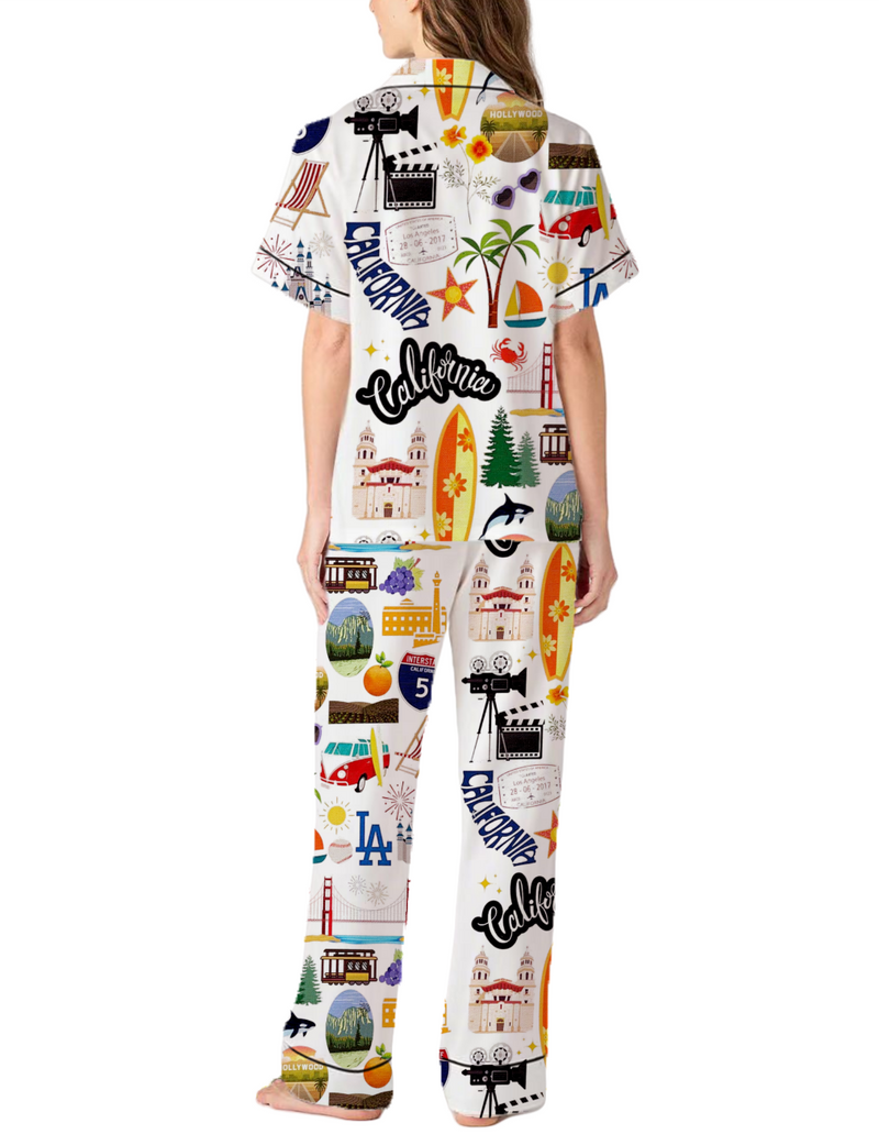California Vacation Silky Satin Pajama Pants Set For Women