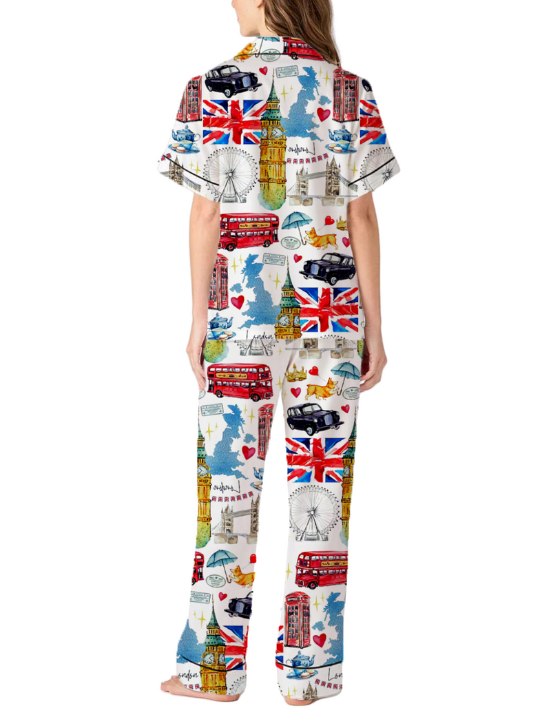 London Theme Silky Satin Pajama Pants Set For Women