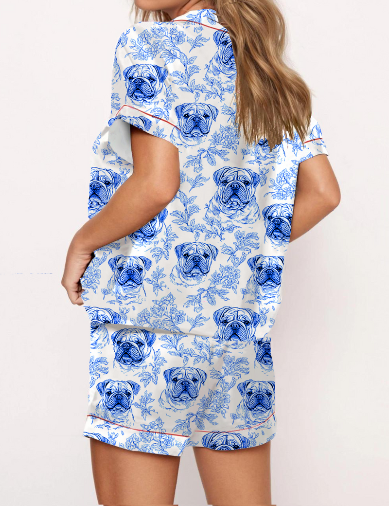 French Bulldog Toile Silky Satin Pajama Short Set For Women