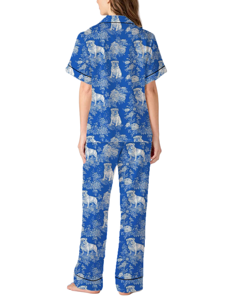 French Bulldog Toile Silky Satin Pajama Pants Set For Women
