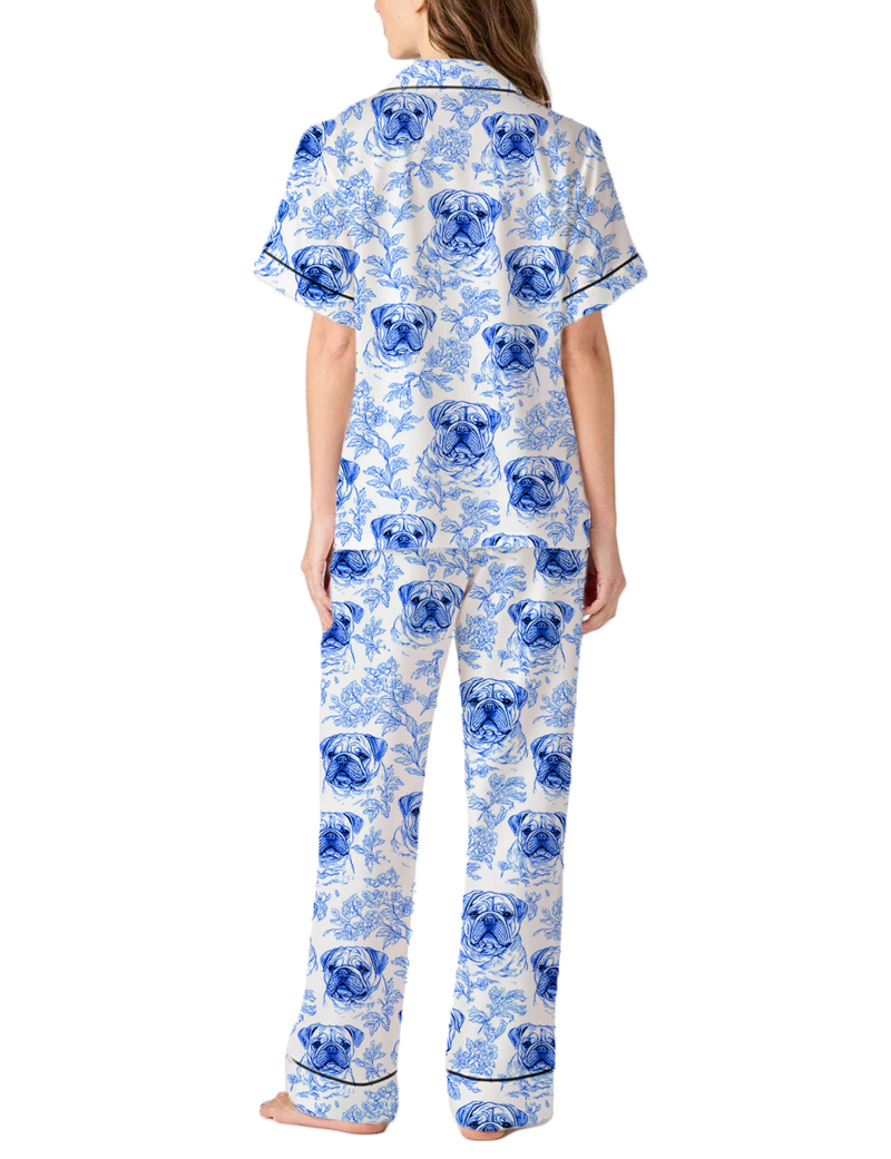 French Bulldog Toile Silky Satin Pajama Pants Set For Women