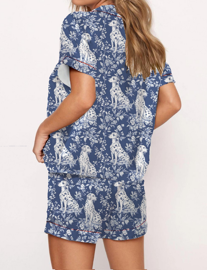 Dalmation Dogs Toile Silky Satin Pajama Short Set For Women