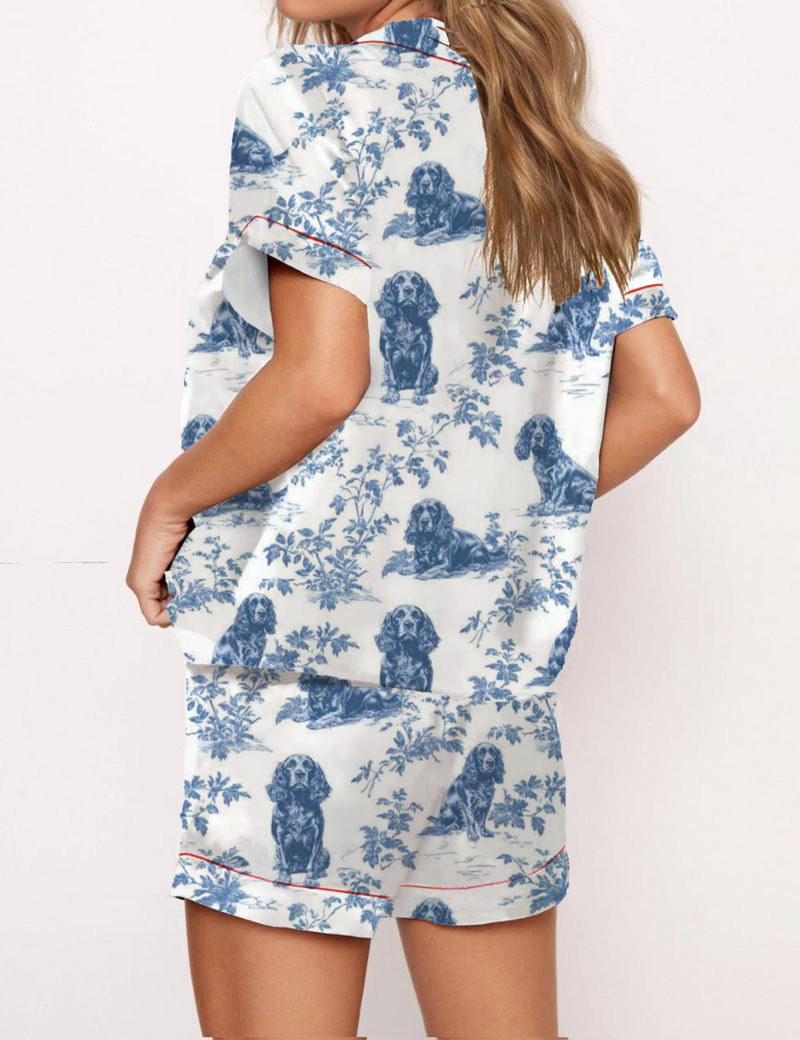 Chinoiserie Toile De Jouy Boykin Spaniel Silky Satin Pajama Short Set For Women