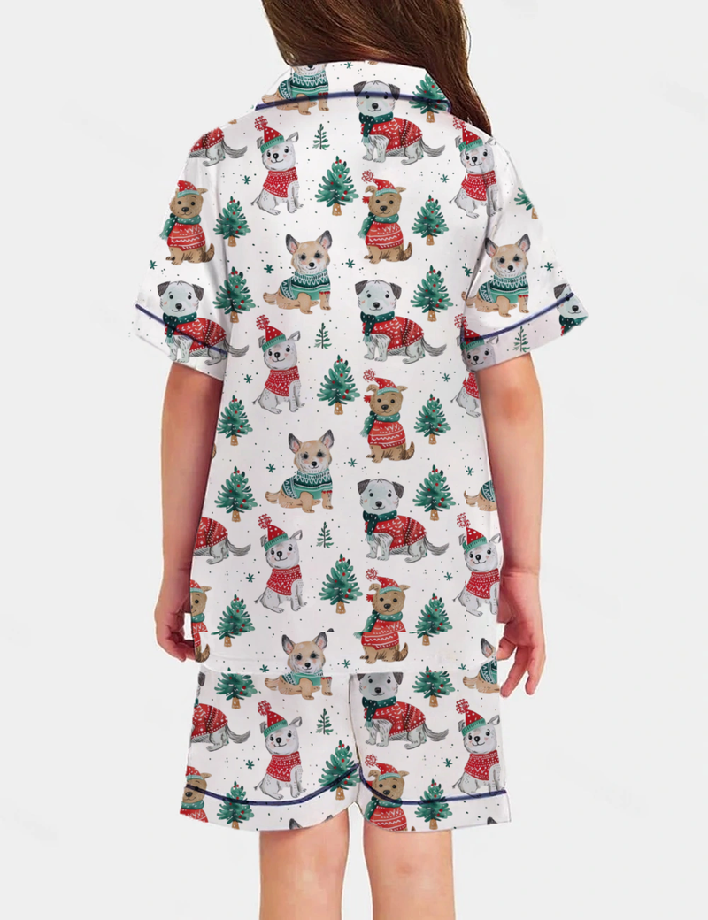 Cute Dogs In Santa Hats Kid's Short Sleeve  Silky Satin Pajama Set 
