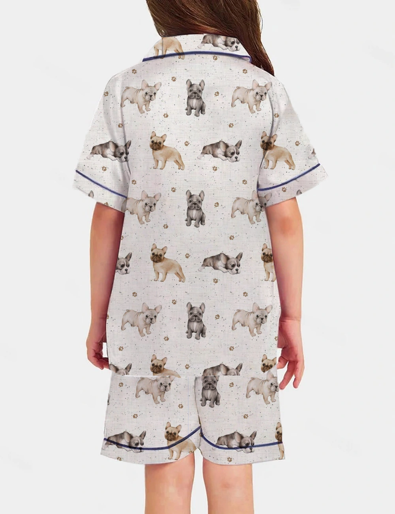 Cute French Bulldogs Kid's Short Sleeve  Silky Satin Pajama Set 