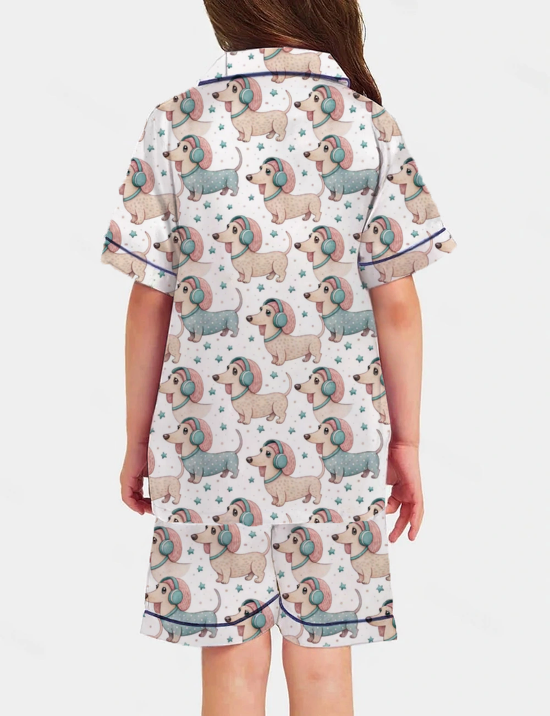 Cheerful Dog Wearing Headphones Kid's Short Sleeve  Silky Satin Pajama Set 
