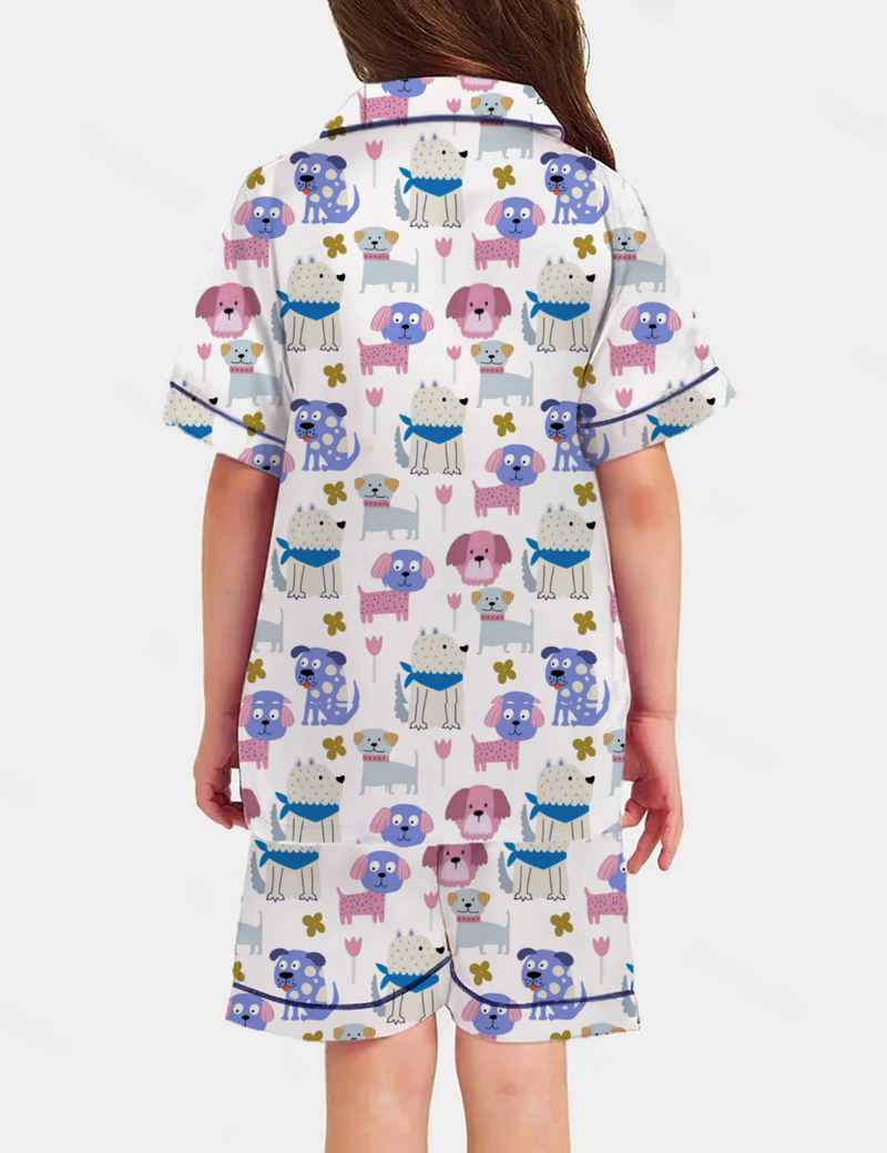Cute Dog Party Kid's Short Sleeve  Silky Satin Pajama Set 