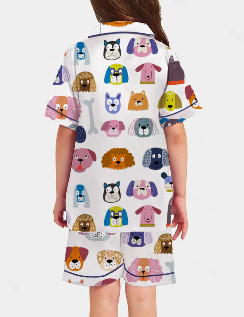 Cute Puppy Faces Kid's Short Sleeve  Silky Satin Pajama Set 