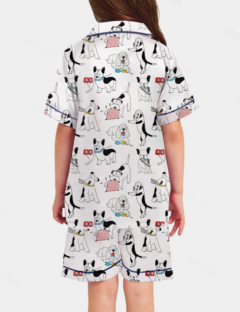 Mischievous Dog Kid's Short Sleeve  Silky Satin Pajama Set 