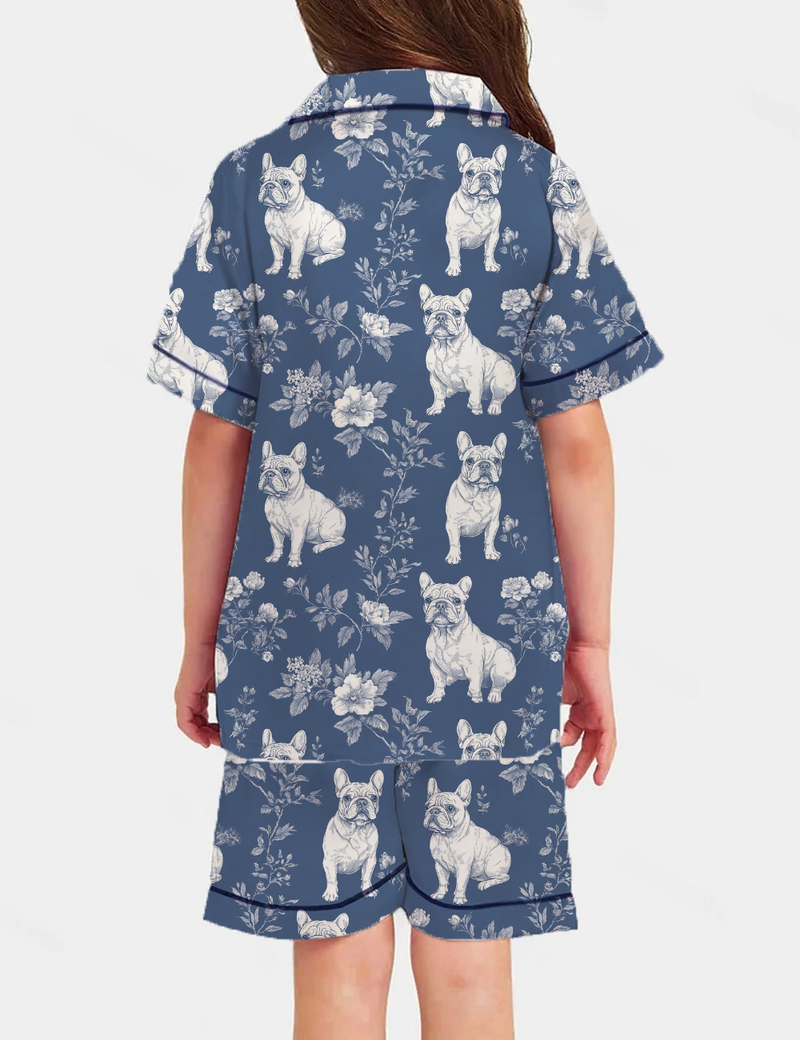 French Bulldogs Toile Kid's Short Sleeve  Silky Satin Pajama Set 
