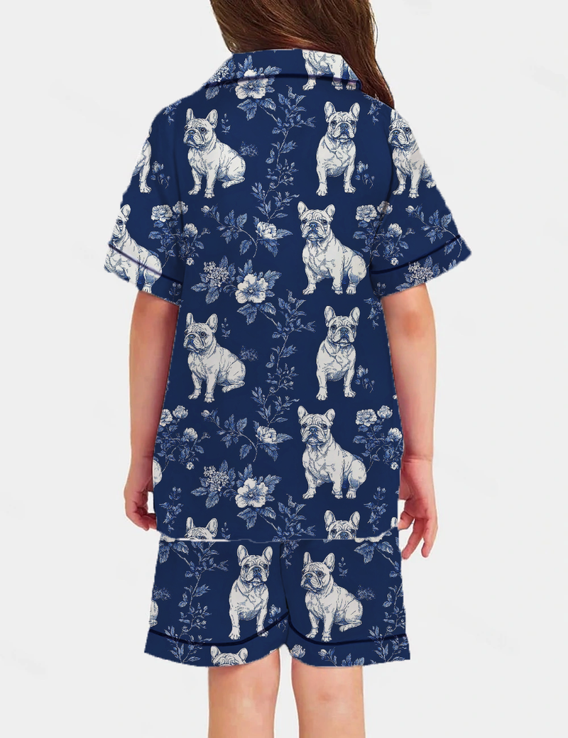 French Bulldogs Toile Kid's Short Sleeve  Silky Satin Pajama Set 