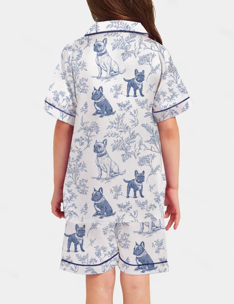 French Bulldogs Toile Kid's Short Sleeve  Silky Satin Pajama Set 
