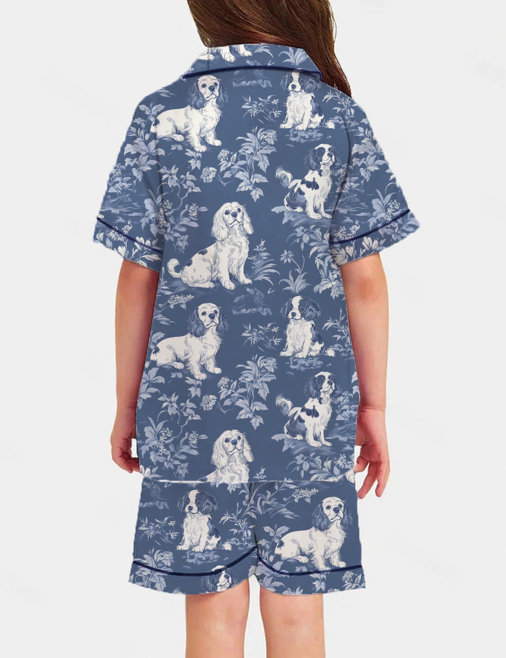 Cavalier King Charles Toile Kid's Short Sleeve  Silky Satin Pajama Set 