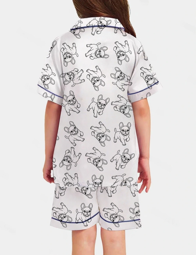 Cute French Bulldog Kid's Short Sleeve  Silky Satin Pajama Set 