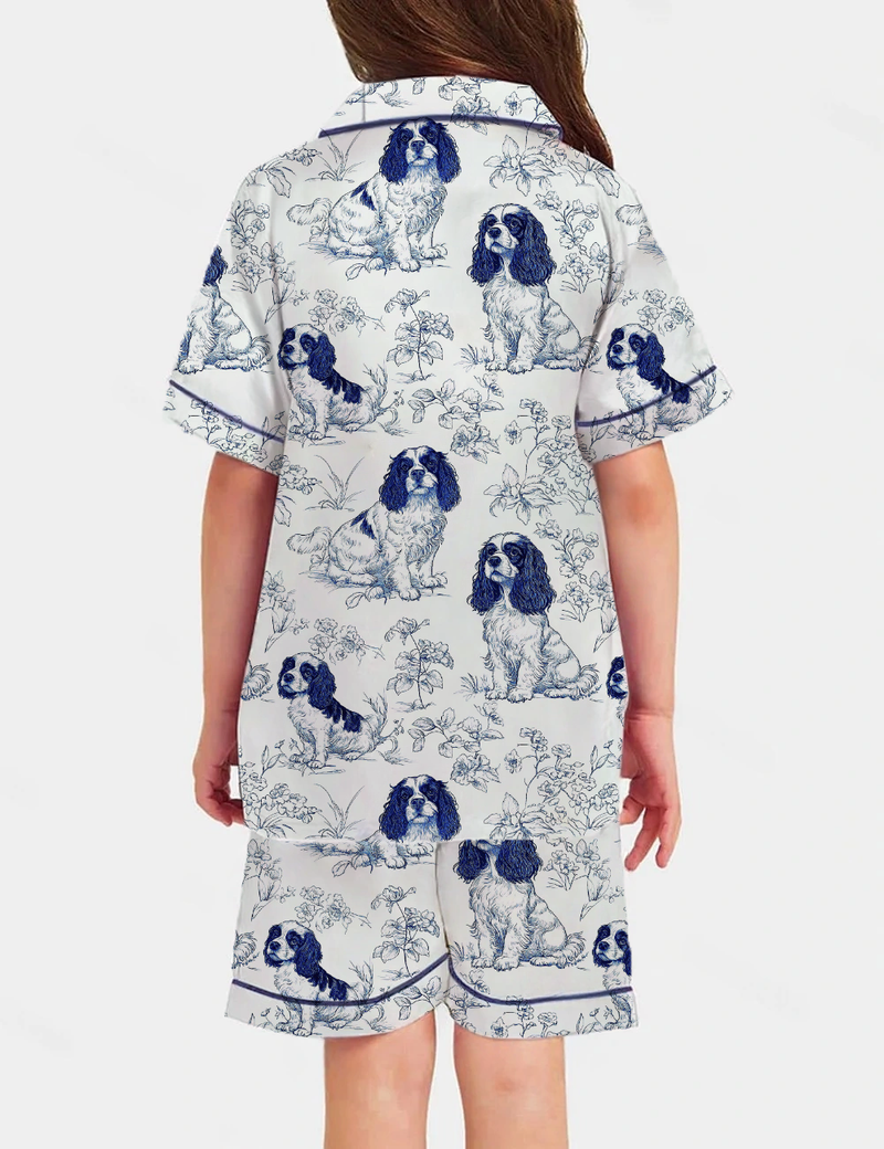 Cavalier King Charles Toile Kid's Short Sleeve  Silky Satin Pajama Set 