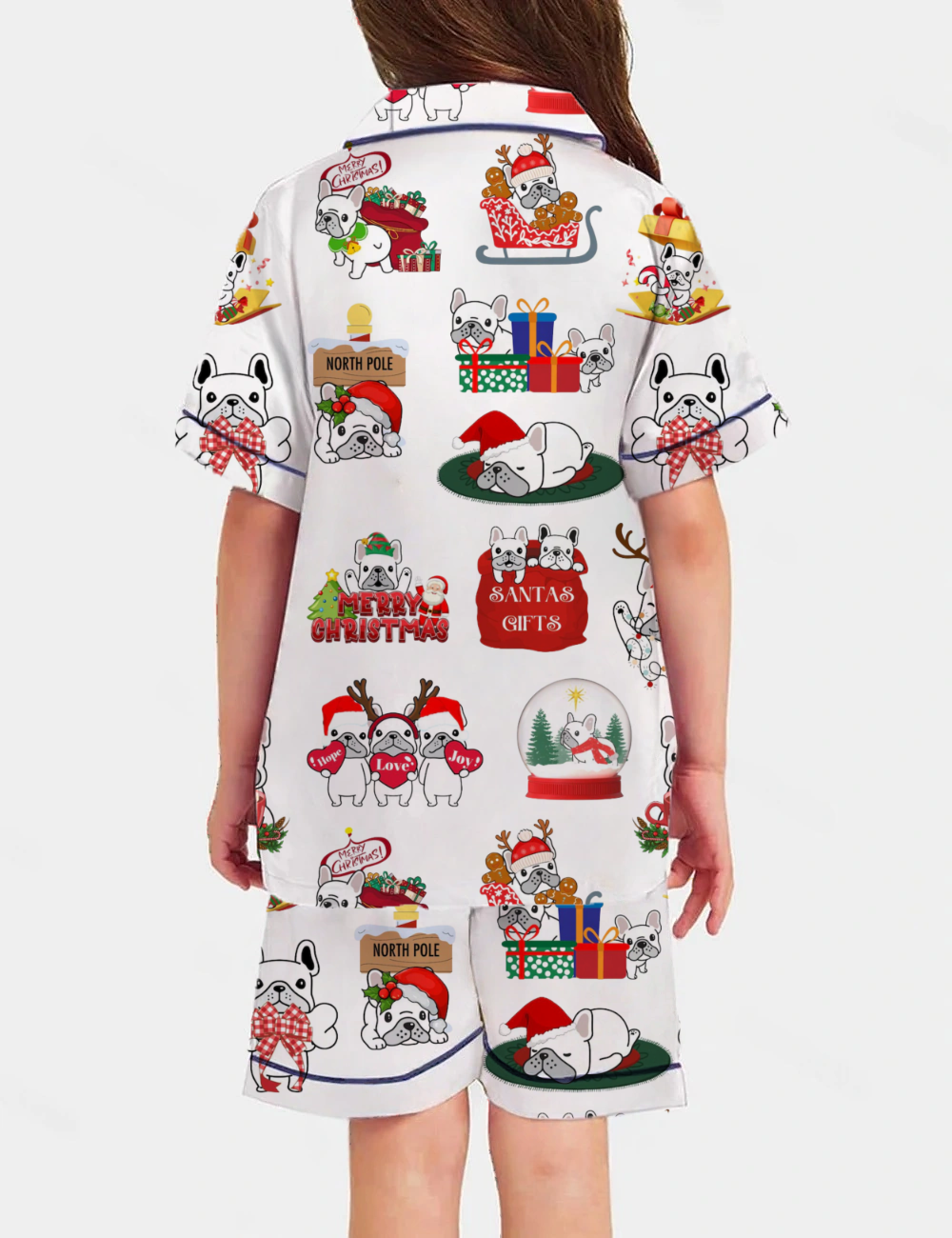 Christmas French Bulldog Kid's Short Sleeve  Silky Satin Pajama Set 
