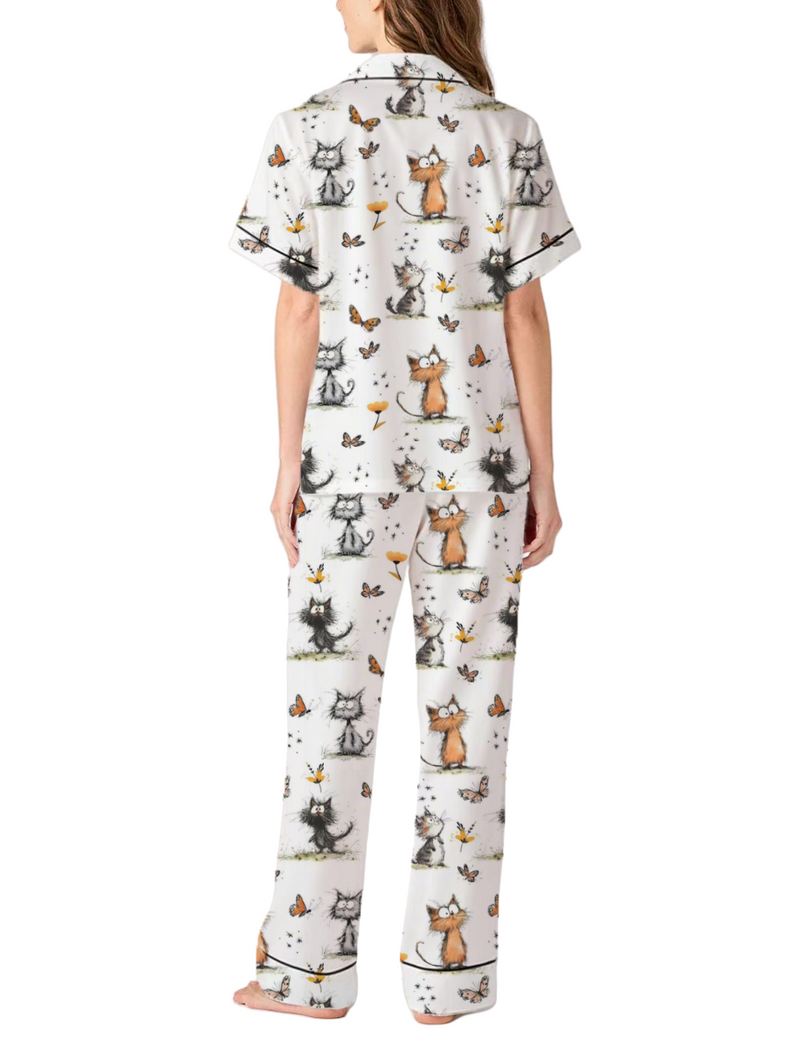 Quirky Cats Silky Satin Pajama Pants Set For Women