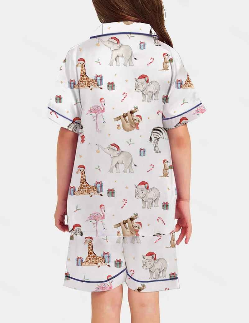 Christmas Animal Theme Kid's Short Sleeve Silky Satin Pajama Set 