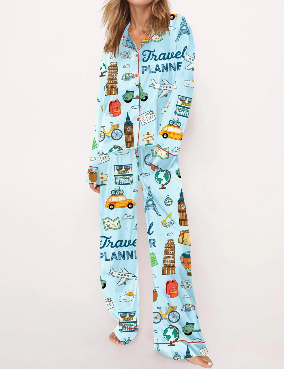 Travel Planner Satin Pajama Set For Women	