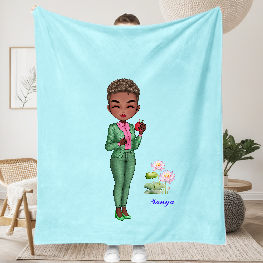 Personalized Teacher Cartoon With Birth Flower Soft Throw Blanket Back to School Teacher's Day Gift for Teacher