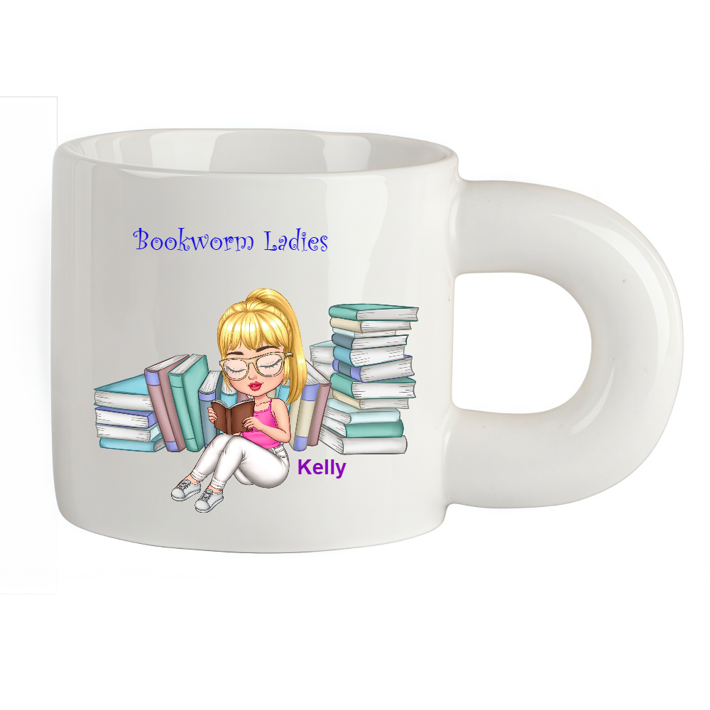 Personalized Bookworm Ladies Coffee Cup Cartoon Ceramic Mug With Chubby Big Ear Cup Name Birthday Gift for Family Friend