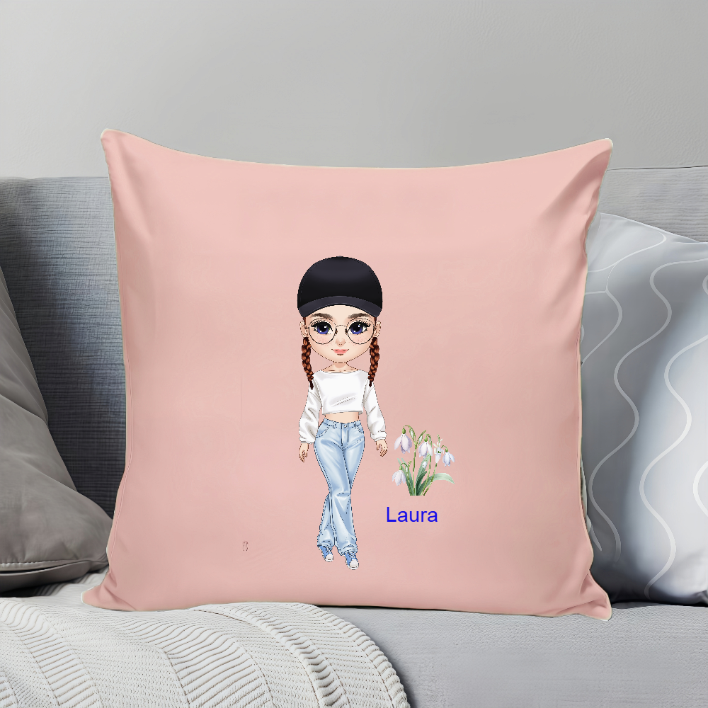 Personalized  Cartoon Character Girl Soft Throw Pillow Cover with Name Birth Flower Gift for Sisters Friends