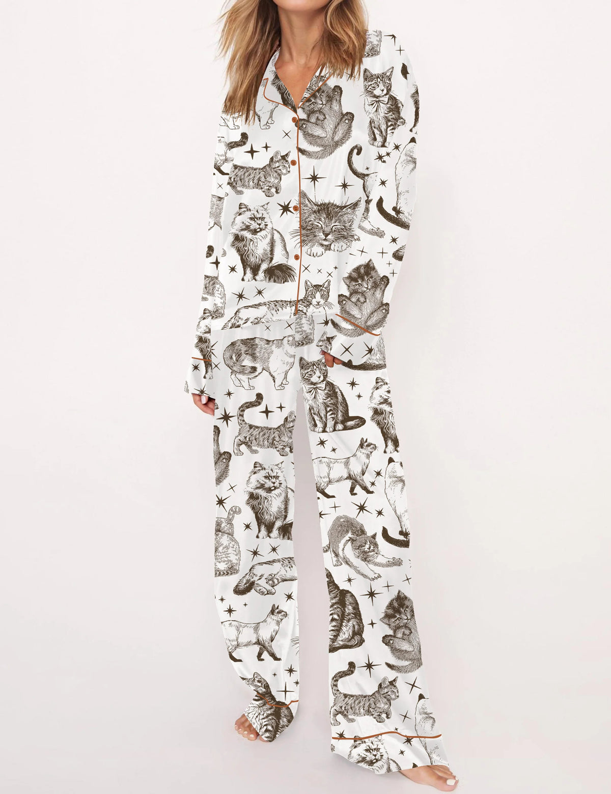 Vintage Cats Satin Pajama Set For Women	