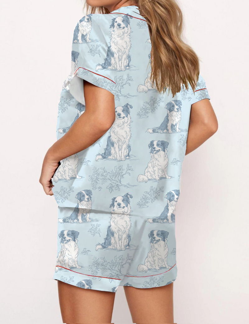 Border Collie Silky Satin Pajama Short Set For Women