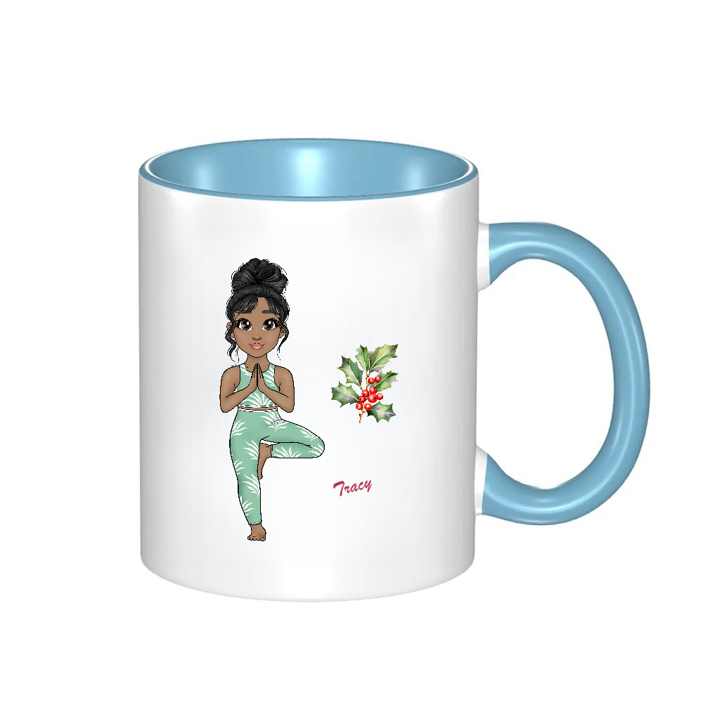 Personalized Cartoon Sports Yoga Fitness Girl Coffee Cup Cartoon Ceramic Mug With Birth Flower and Name Birthday Gift for Women