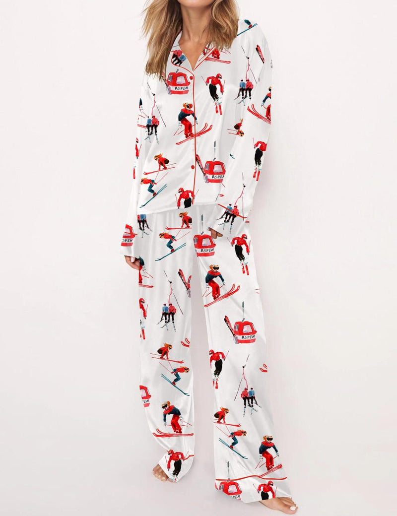 Vintage Skiers Satin Pajama Set For Women	