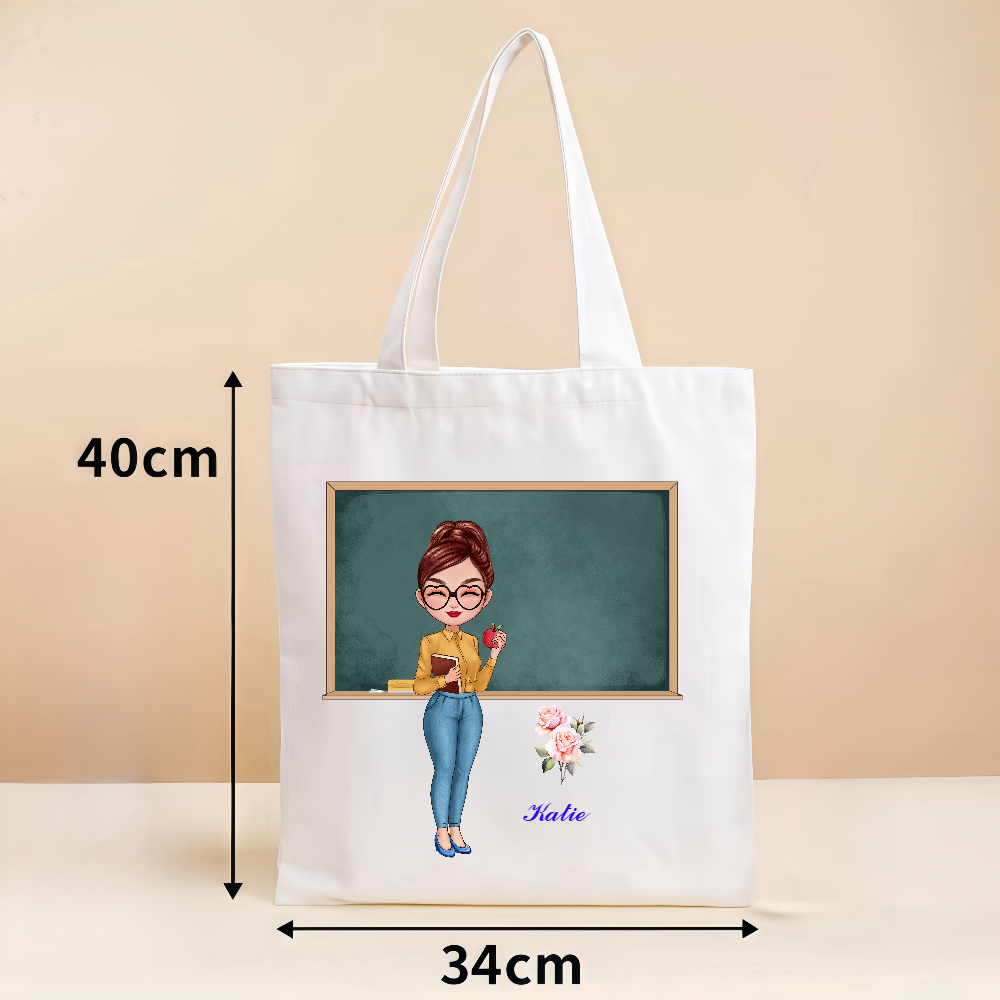 Personalized Teacher Cartoon Tote Bag with Birth Flower Teacher's Day Gratitude Graduation Gift for Teacher