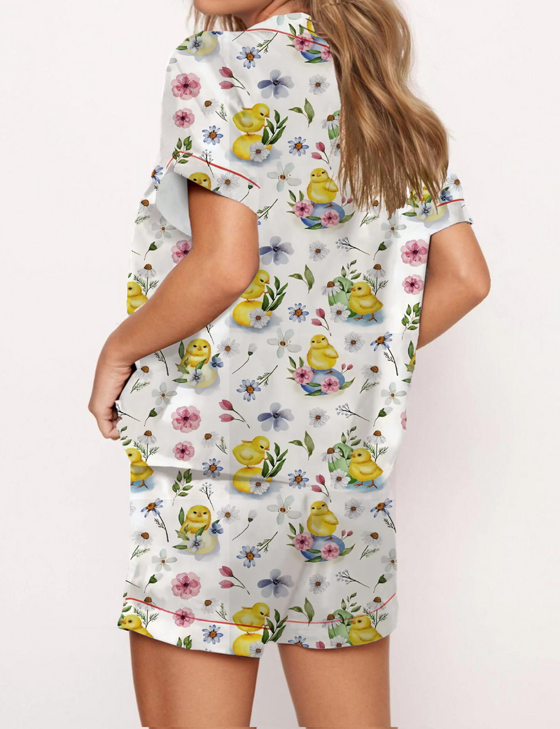 Yellow Chicks Pattern Satin Pajama Short Set