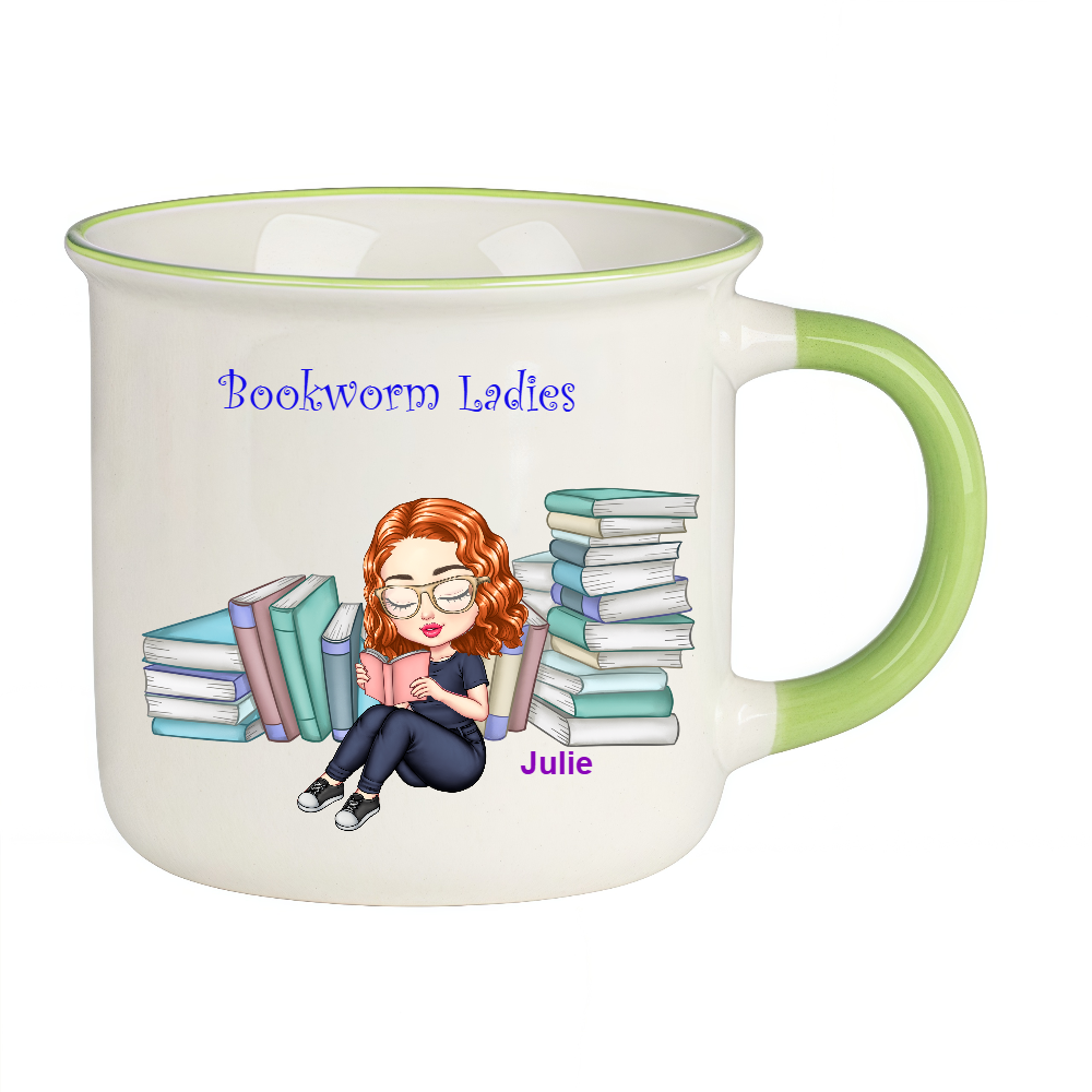 Personalized Bookworm Ladies Coffee Milk Cup Cartoon Ceramic Mug With Name Birthday Gift for Family Friend Bookworms Book Lovers