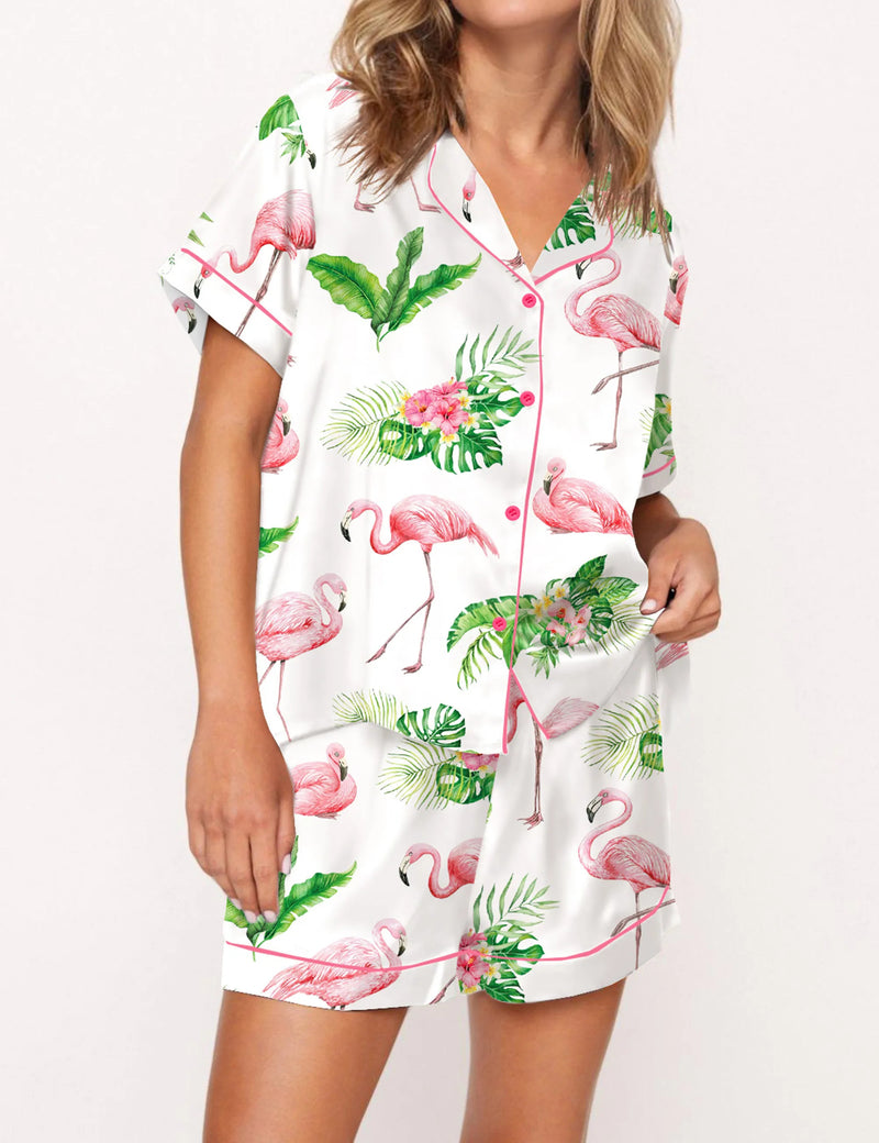 Watercolor Flamingo Silky Satin Pajama Set For Women	